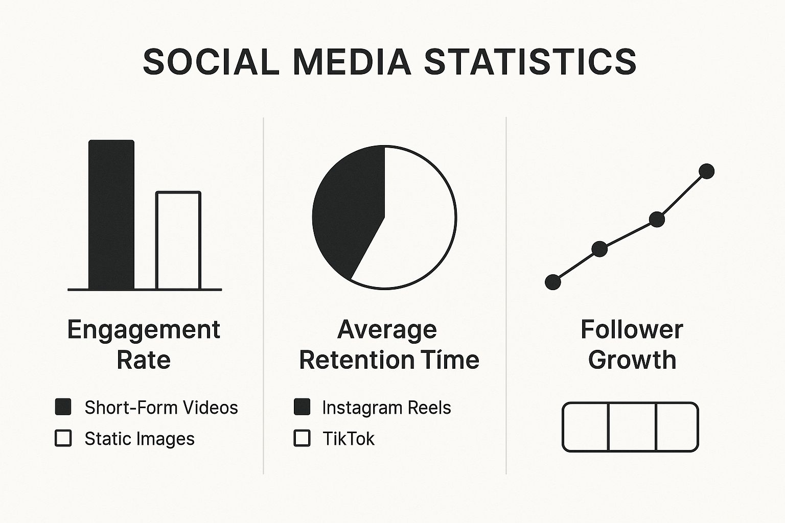 Infographic comparing engagement rates of short-form video vs. static images, retention times for Reels vs. TikTok, and follower growth from carousels.