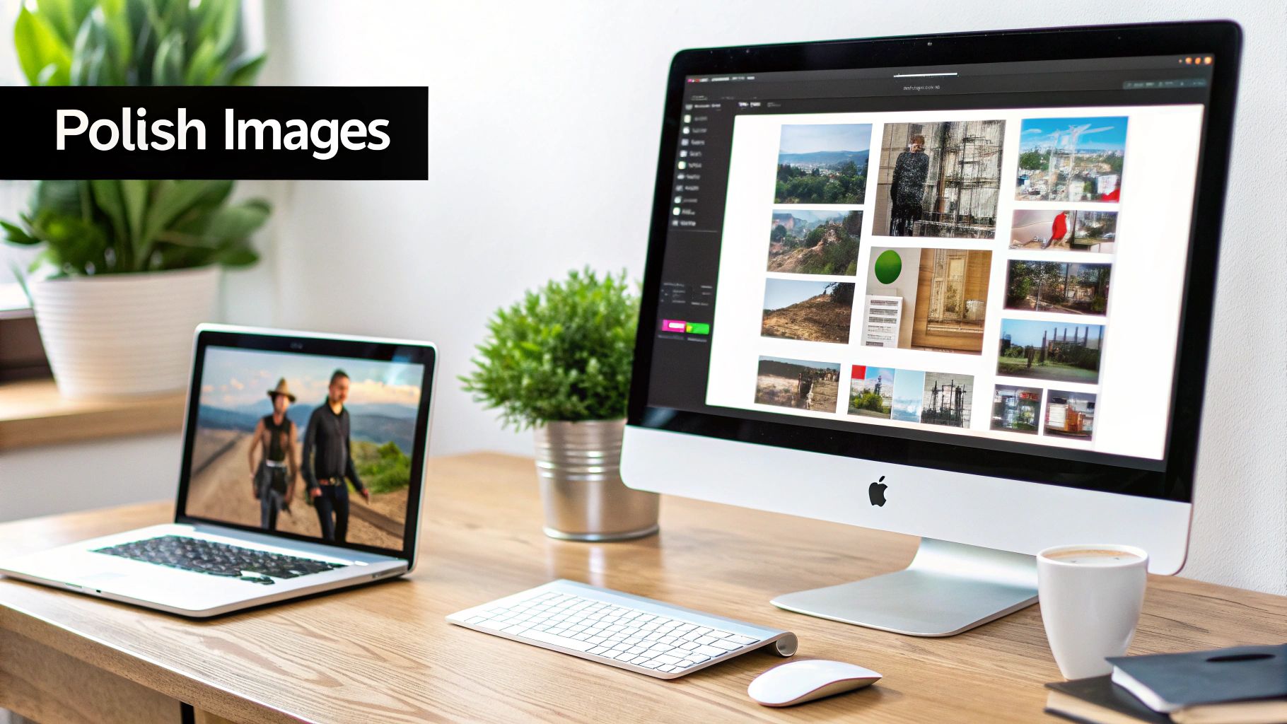 Professional workspace showing desktop and laptop computers displaying photo editing software and image galleries