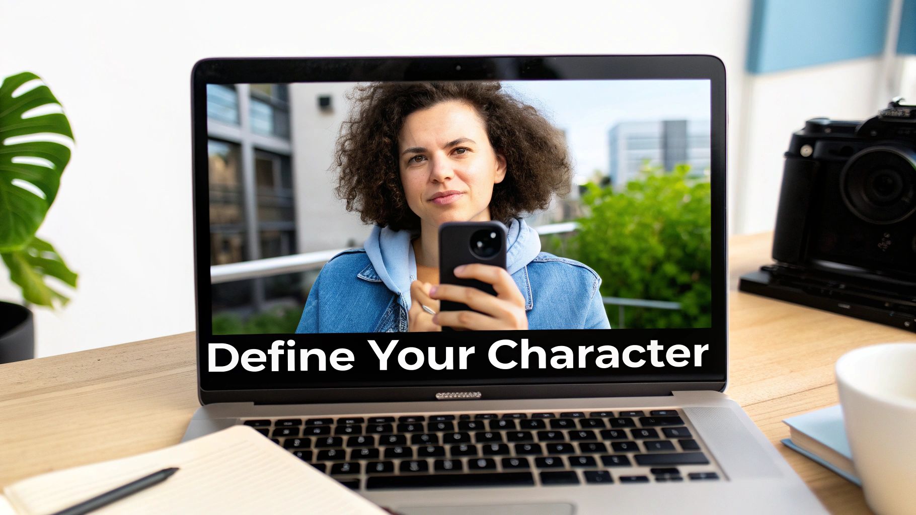 A laptop displaying a woman holding a phone with 'Define Your Character' text on the screen, on a wooden desk.
