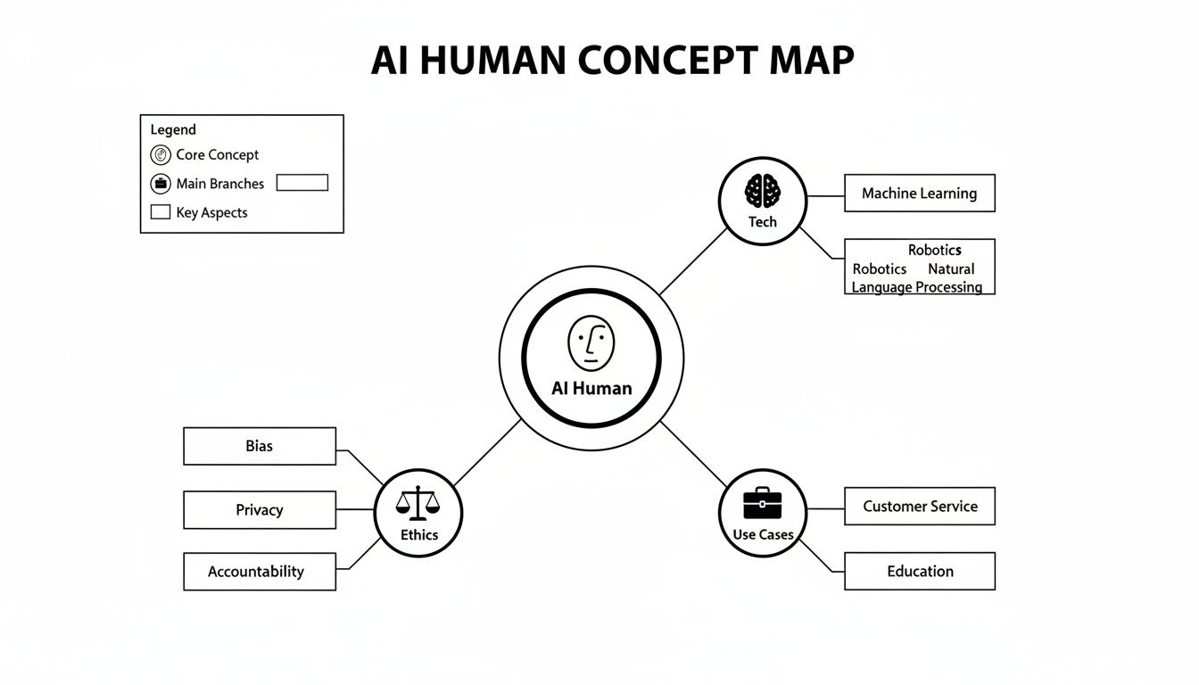 A concept map illustrating AI Human, its technology, ethical considerations, and use cases.
