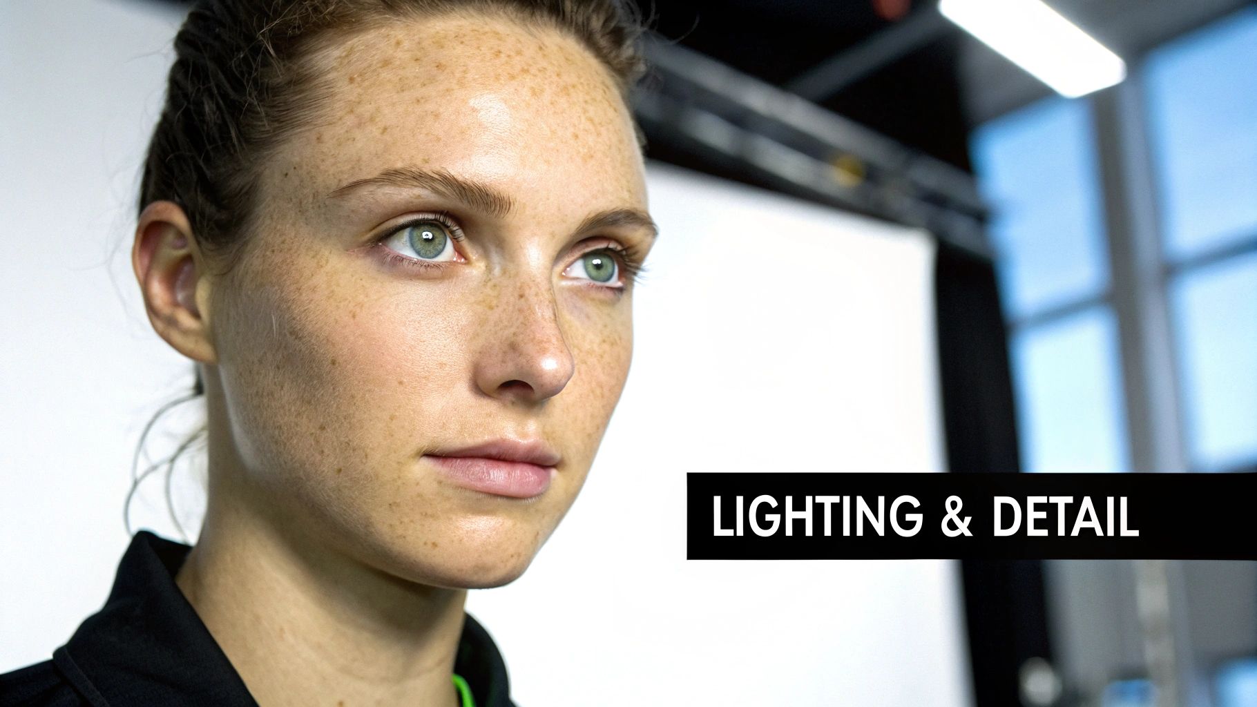 A detailed portrait of a woman with freckles and striking green eyes, good lighting.