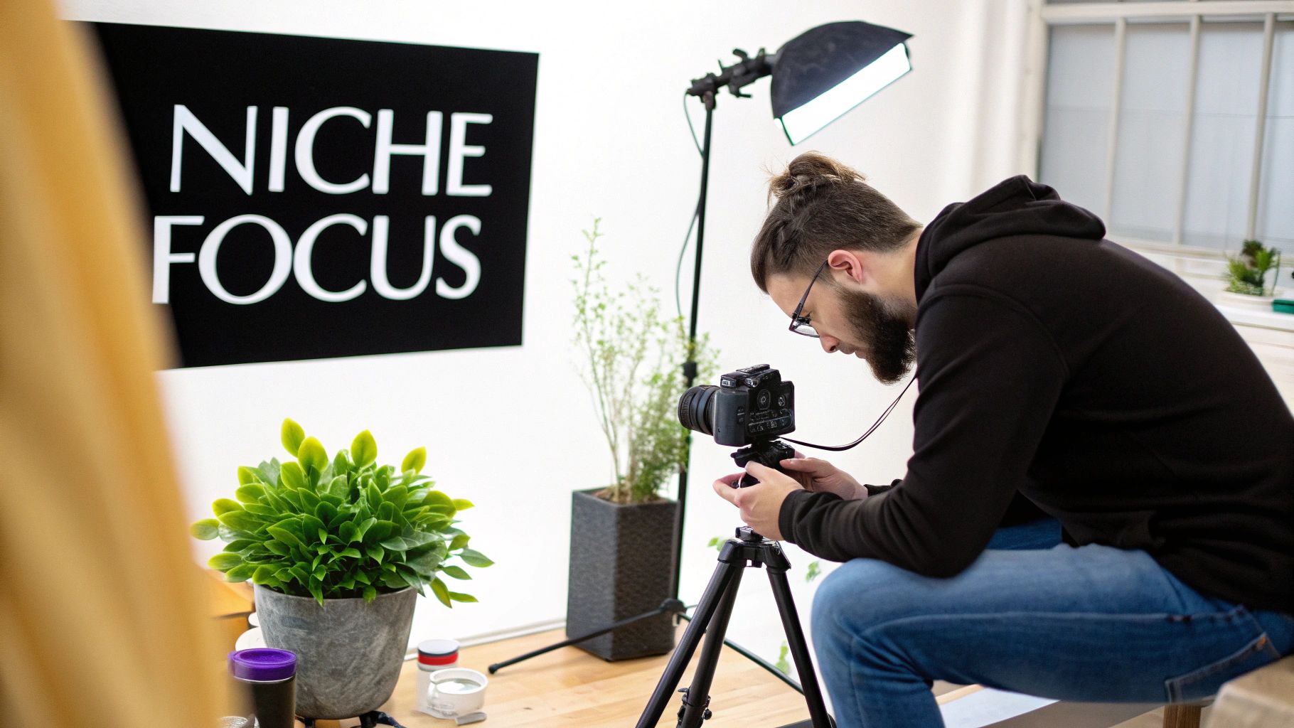 Man with beard and bun adjusts a camera on a tripod in a studio setup.