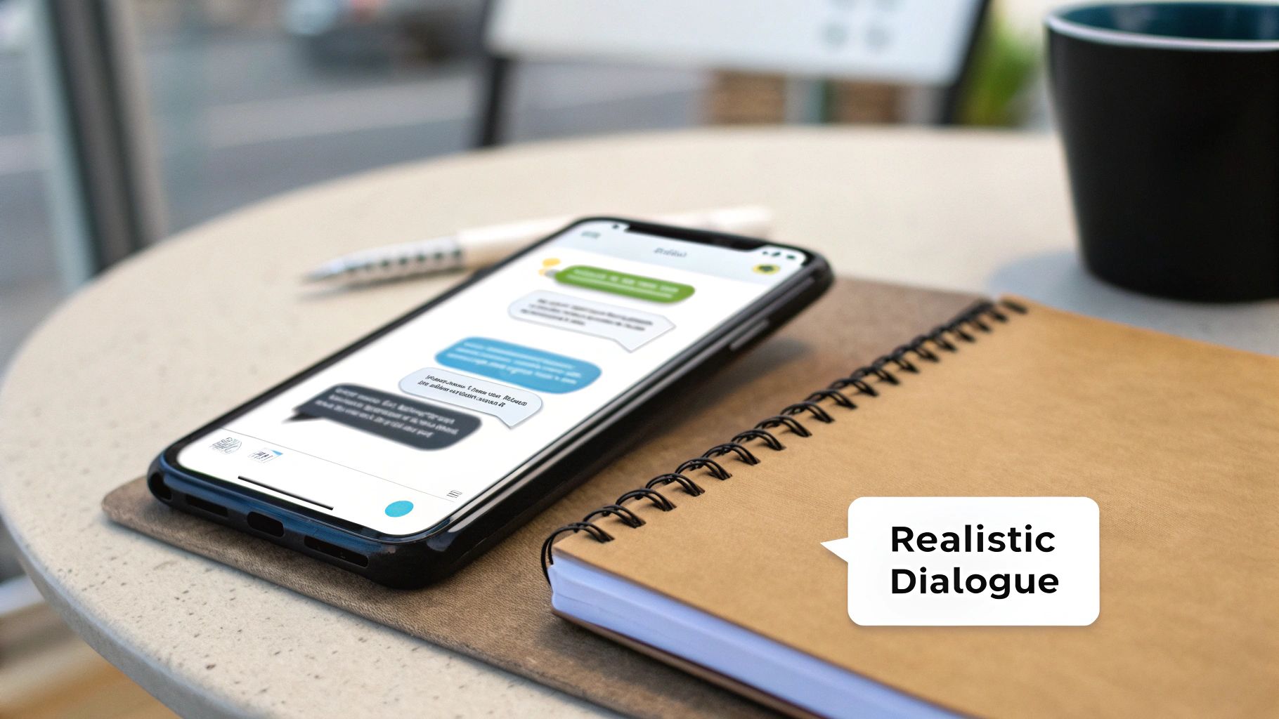 A smartphone displaying a chat app with message bubbles, on a table next to a notebook, with 'Realistic Dialogue' text.