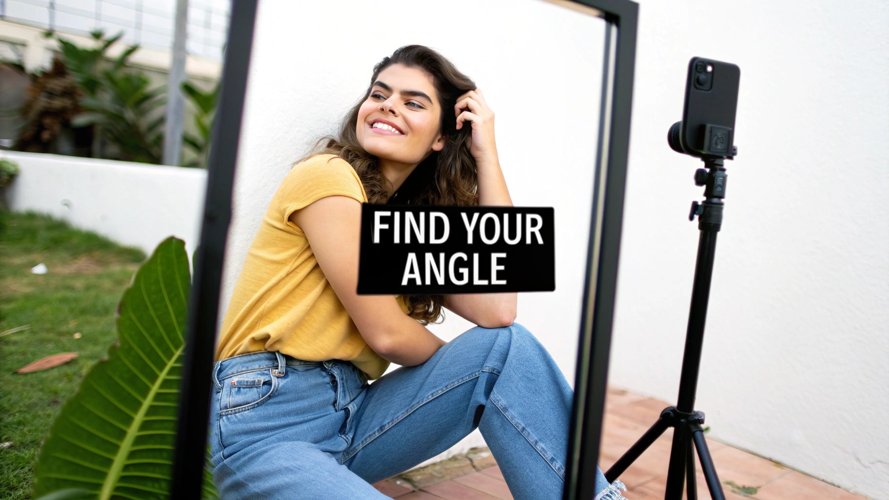 Smiling young woman in yellow shirt reflected in a mirror, text reads 'FIND YOUR ANGLE', phone on tripod for selfie.