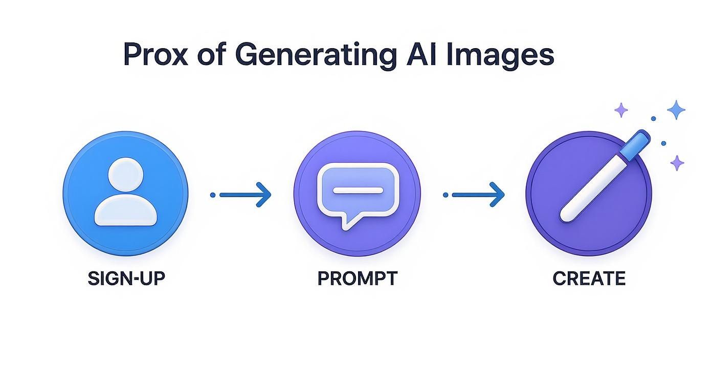 Three step process showing sign-up, prompt input, and AI image creation workflow diagram