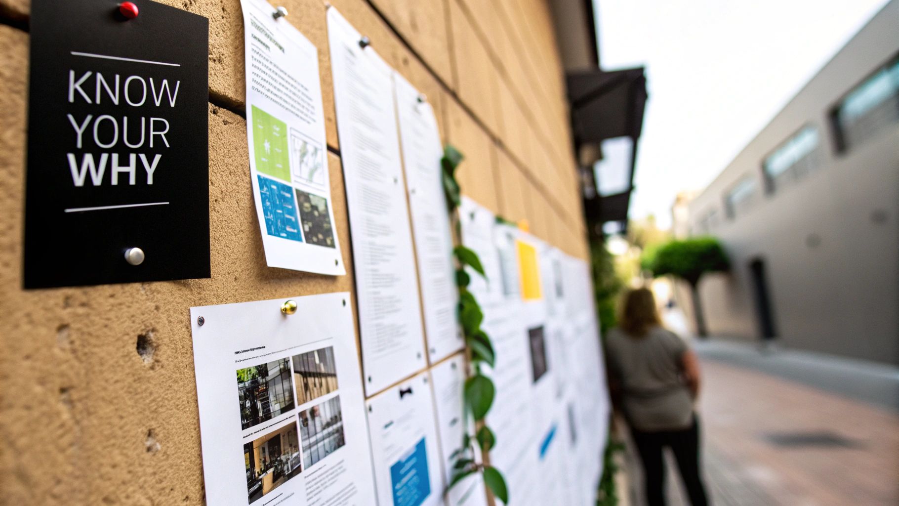 A mood board with various brand identity elements like colors, photos, and text styles, symbolizing brand foundation.