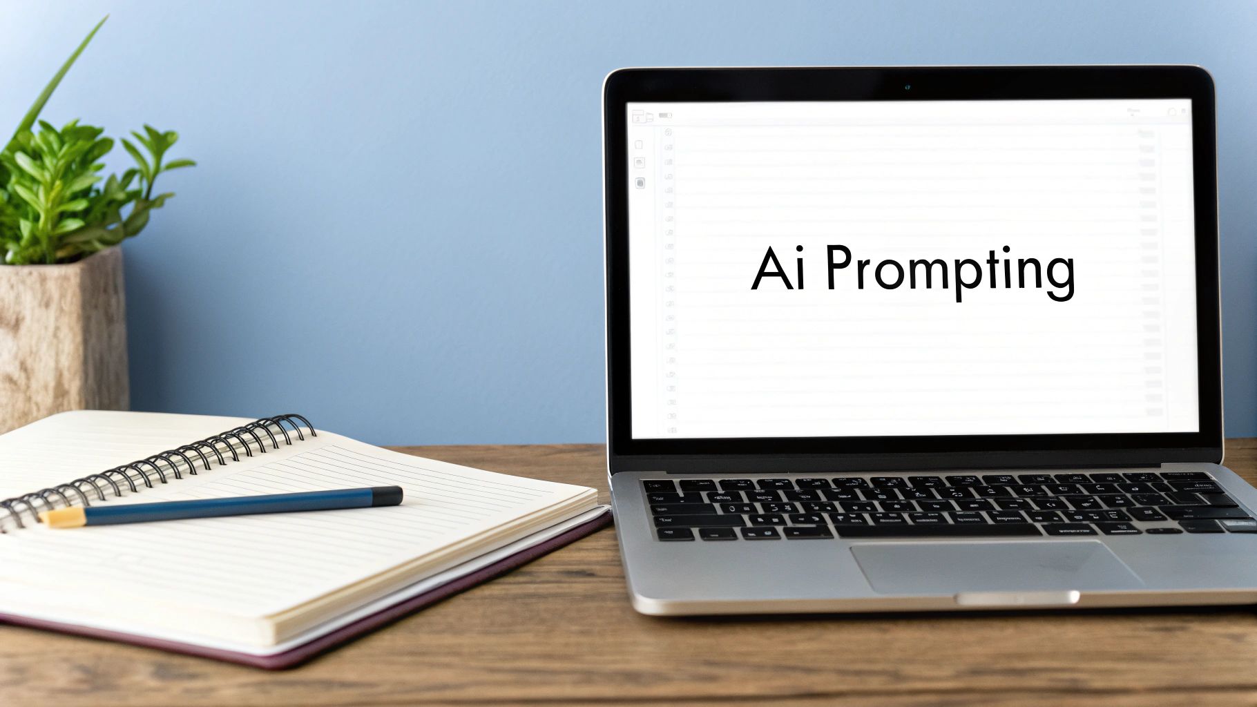 A laptop displaying 'Ai Prompting' text on a wooden desk with a notebook, pen, and plant.