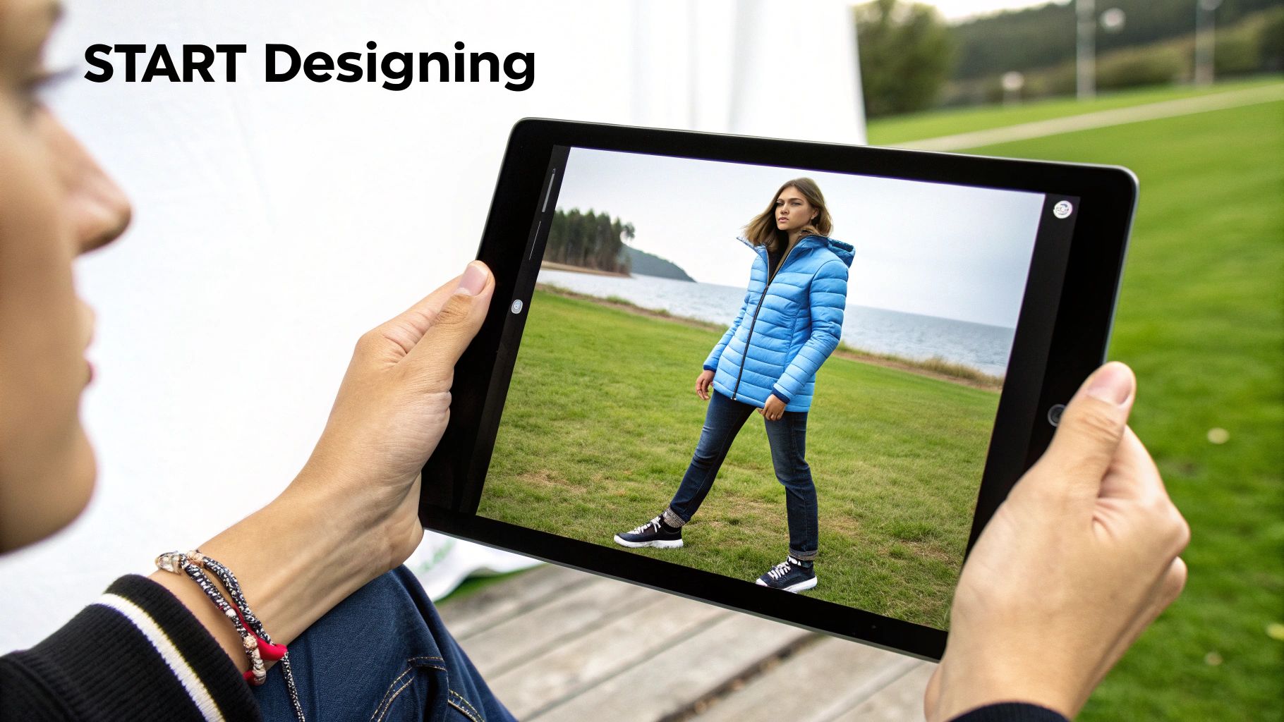 Person holding tablet displaying woman wearing blue jacket in outdoor virtual fitting room