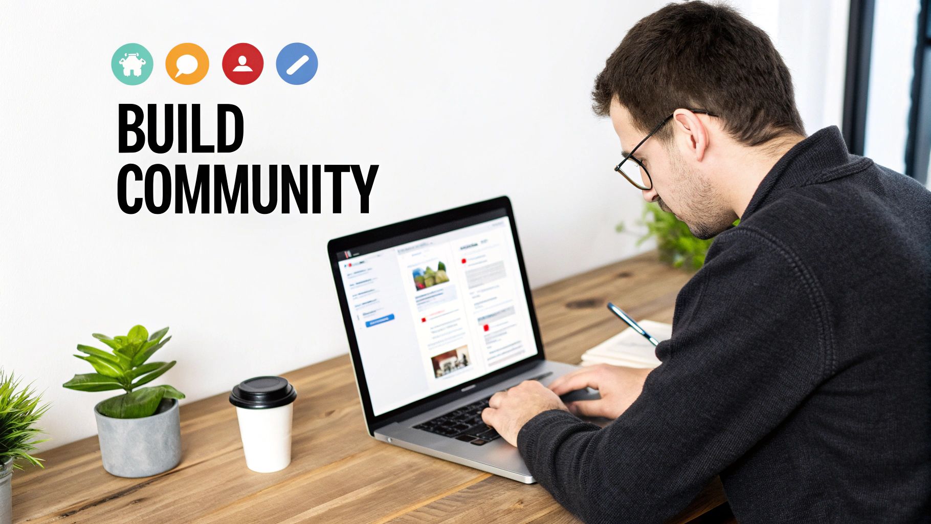 Man with glasses working on a laptop at a desk with 'BUILD COMMUNITY' text and social media icons.