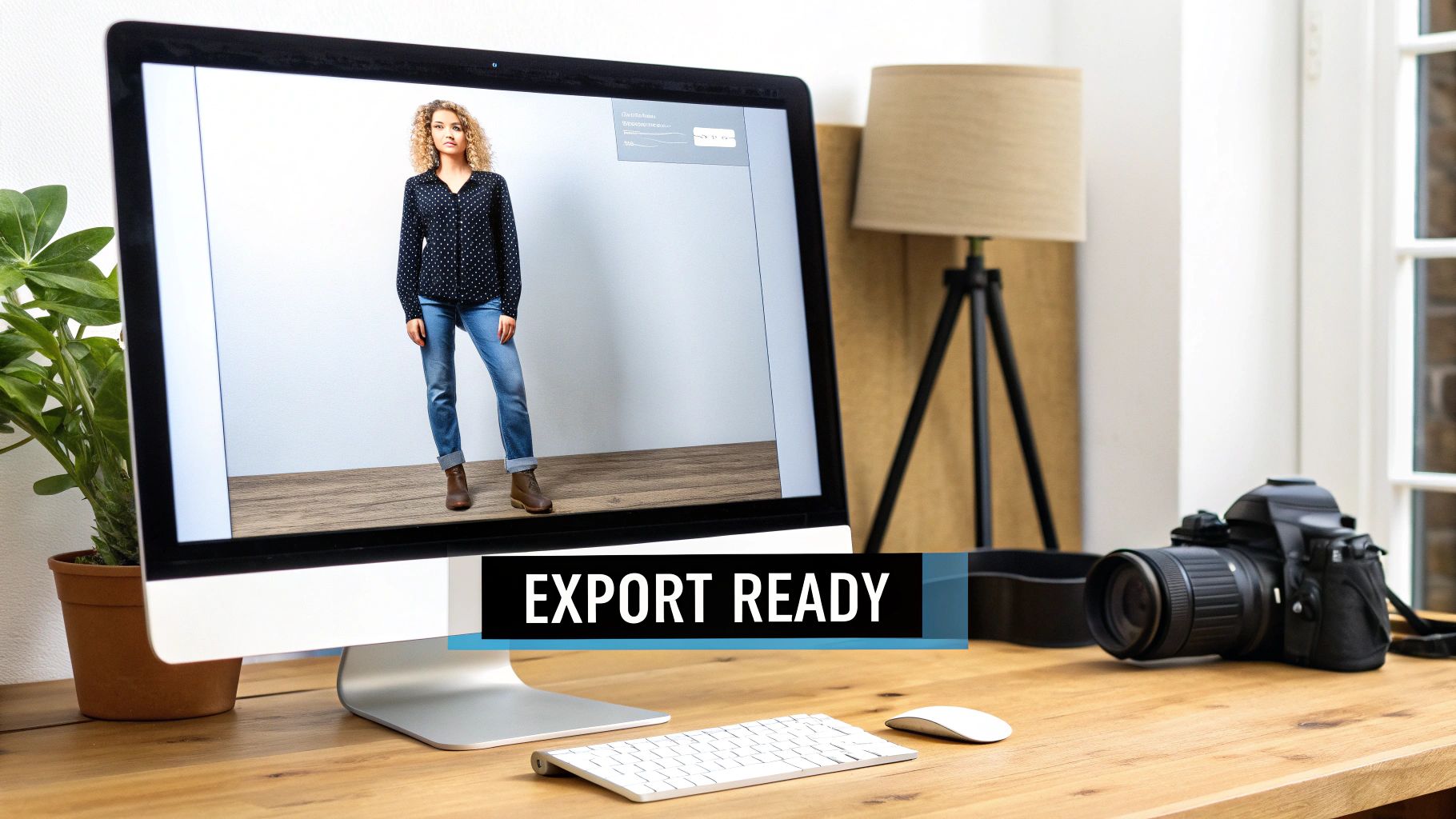A computer displays a full-body model, 'EXPORT READY', on a wooden desk with a camera and peripherals.
