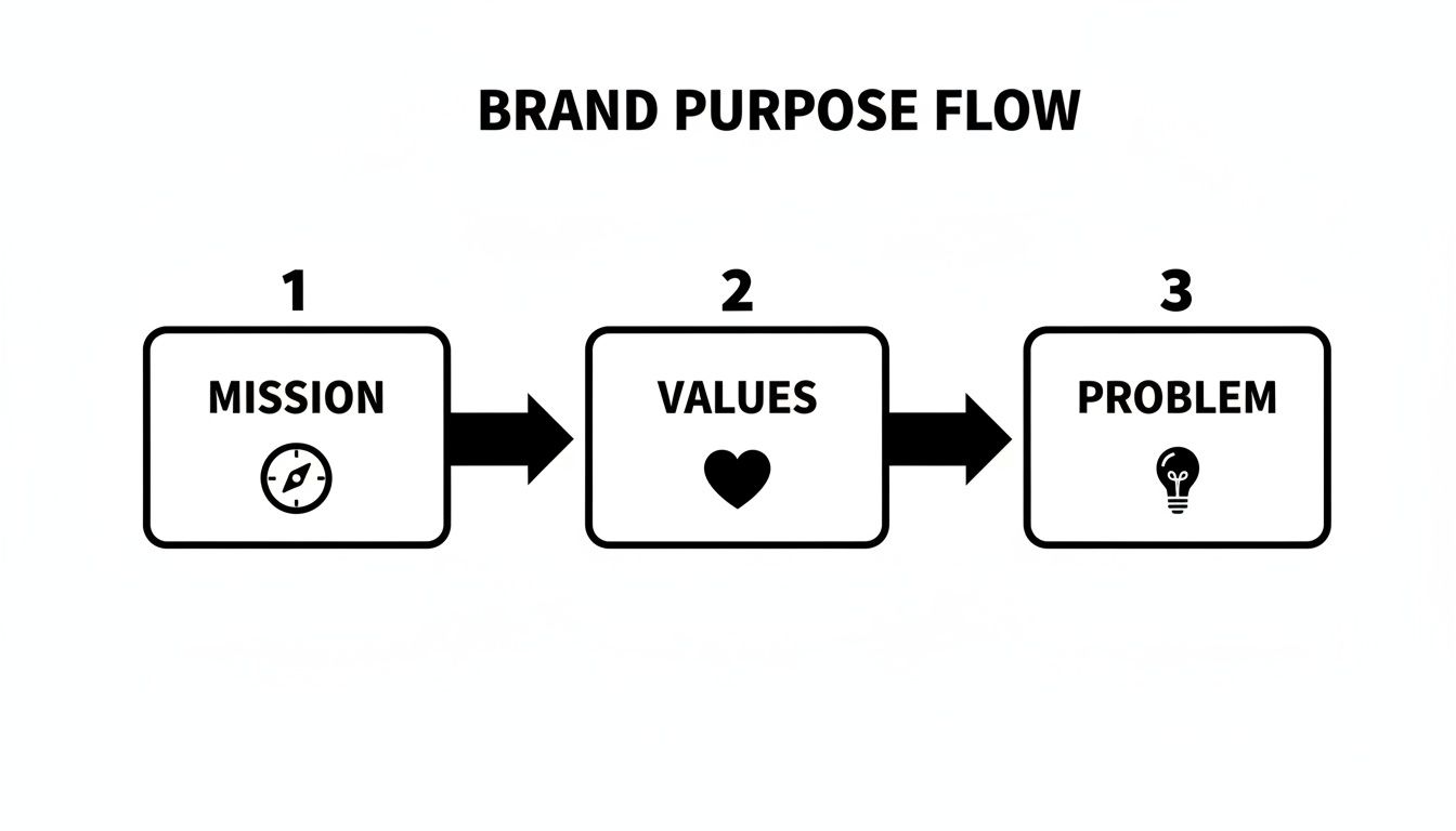 A flow chart showing brand purpose development through mission, values, and identifying problems.