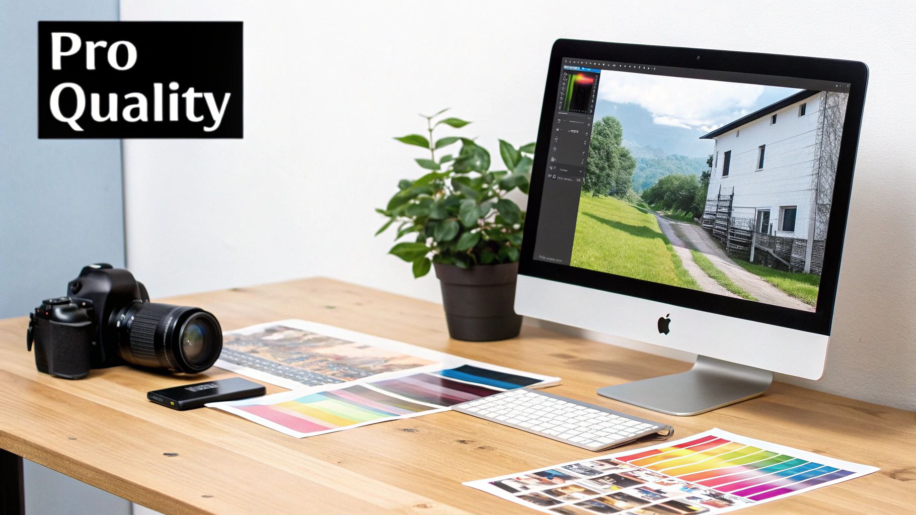 A professional photography and design workspace with an iMac, DSLR camera, color swatches, and a 'Pro Quality' label.