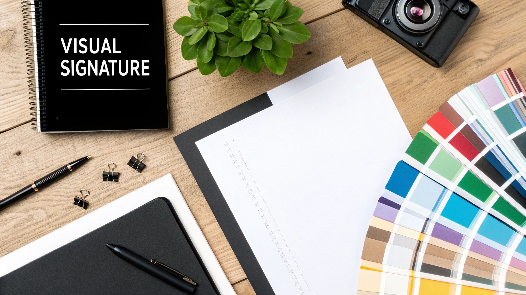 A designer looking at a mood board with different logo variations and color palettes, defining a brand's visual signature.