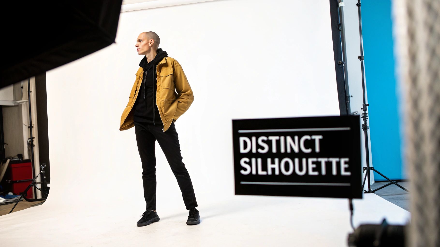 A model with a shaved head in a yellow jacket and black clothes poses in a white photo studio.