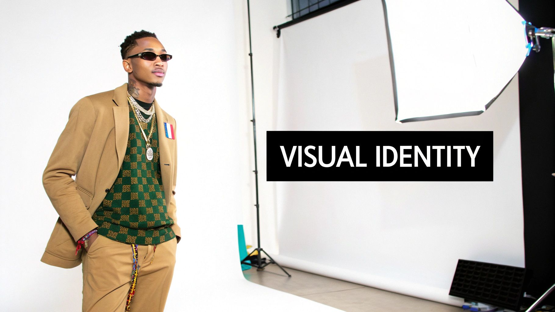 A stylish man poses in a studio, wearing a tan blazer, green sweater, and gold chains, with 'VISUAL IDENTITY' text.