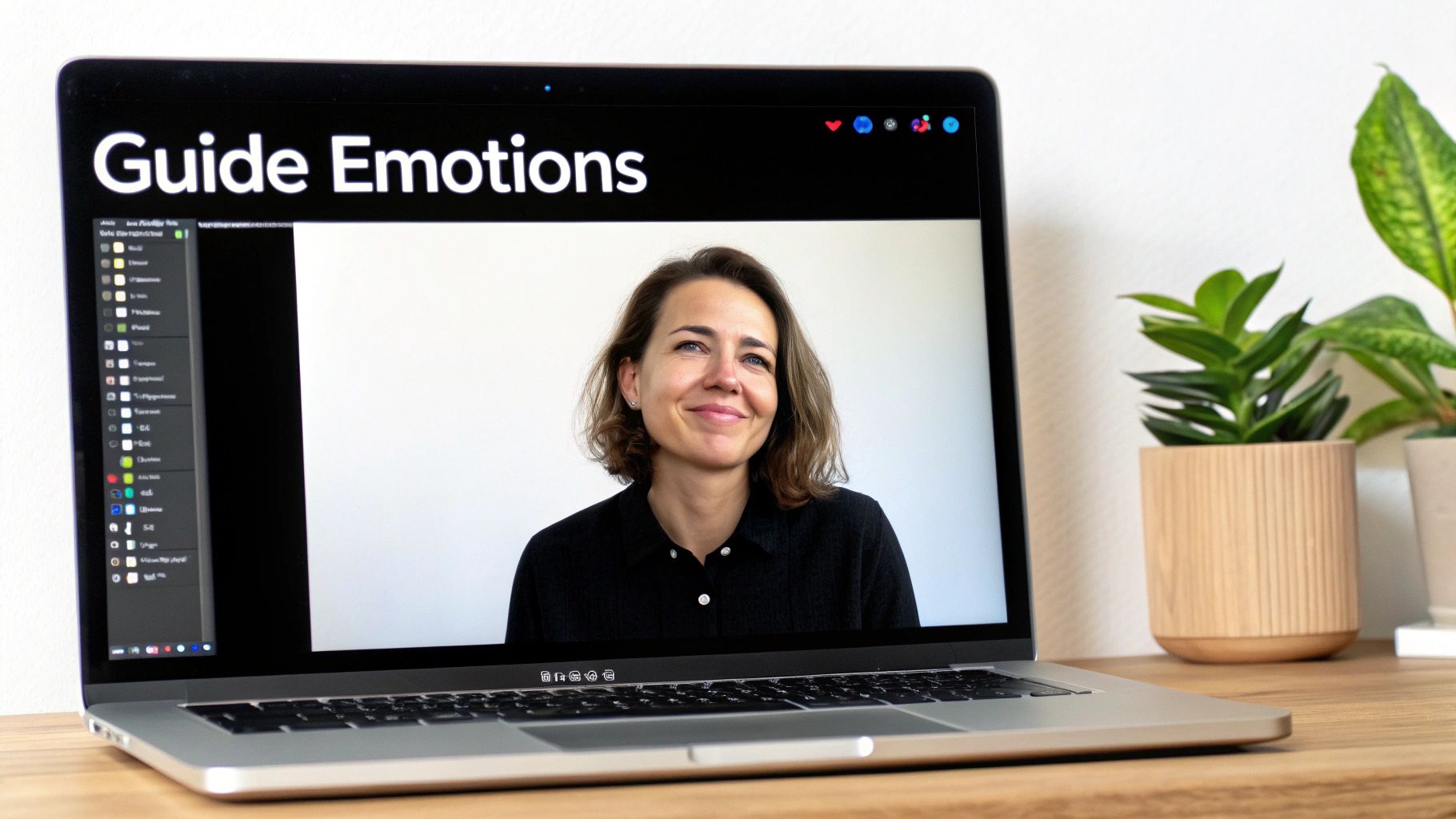 Laptop screen showing a smiling woman during a video call, with 'Guide Emotions' displayed.