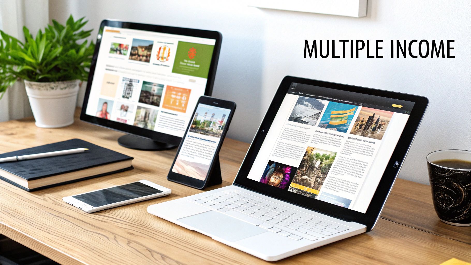 An influencer sitting at a desk surrounded by their own branded merchandise like mugs and t-shirts.
