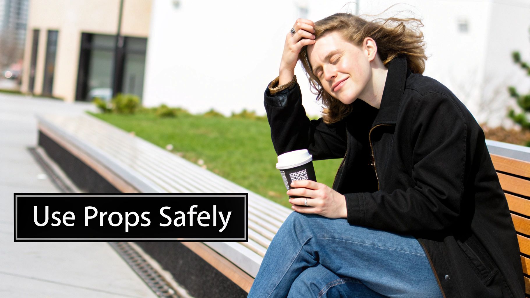 A person sits on a bench, eyes closed in sunlight, holding a coffee cup. Text reads: Use Props Safely.