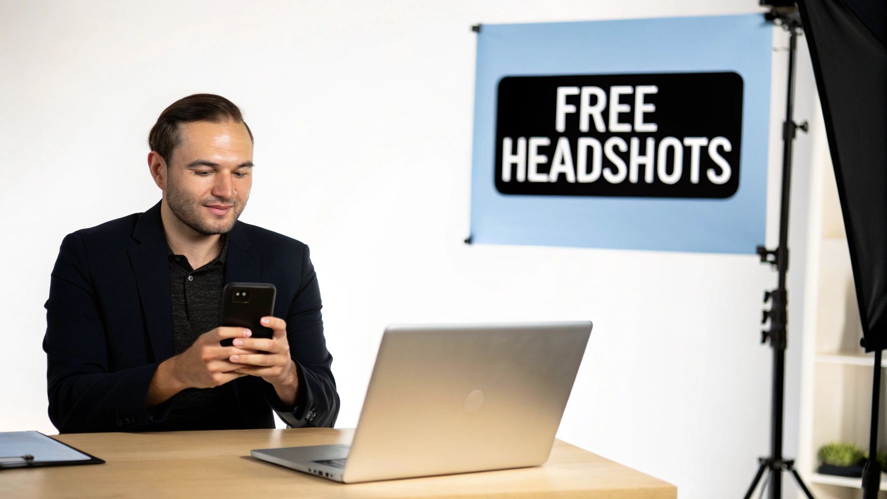 A man sits at a desk, looking at his smartphone, with a laptop and a 'Free Headshots' sign in the background.