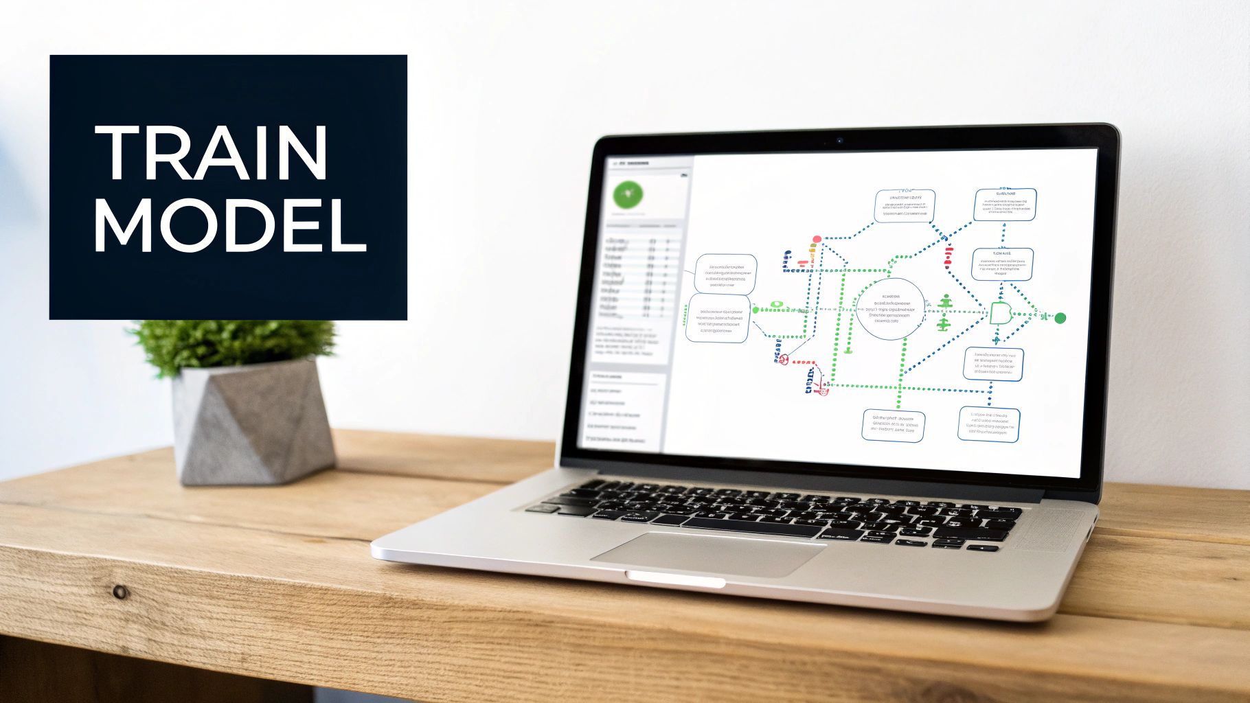 A laptop on a wooden desk displaying a data flow diagram, with 'TRAIN MODEL' text overlay.