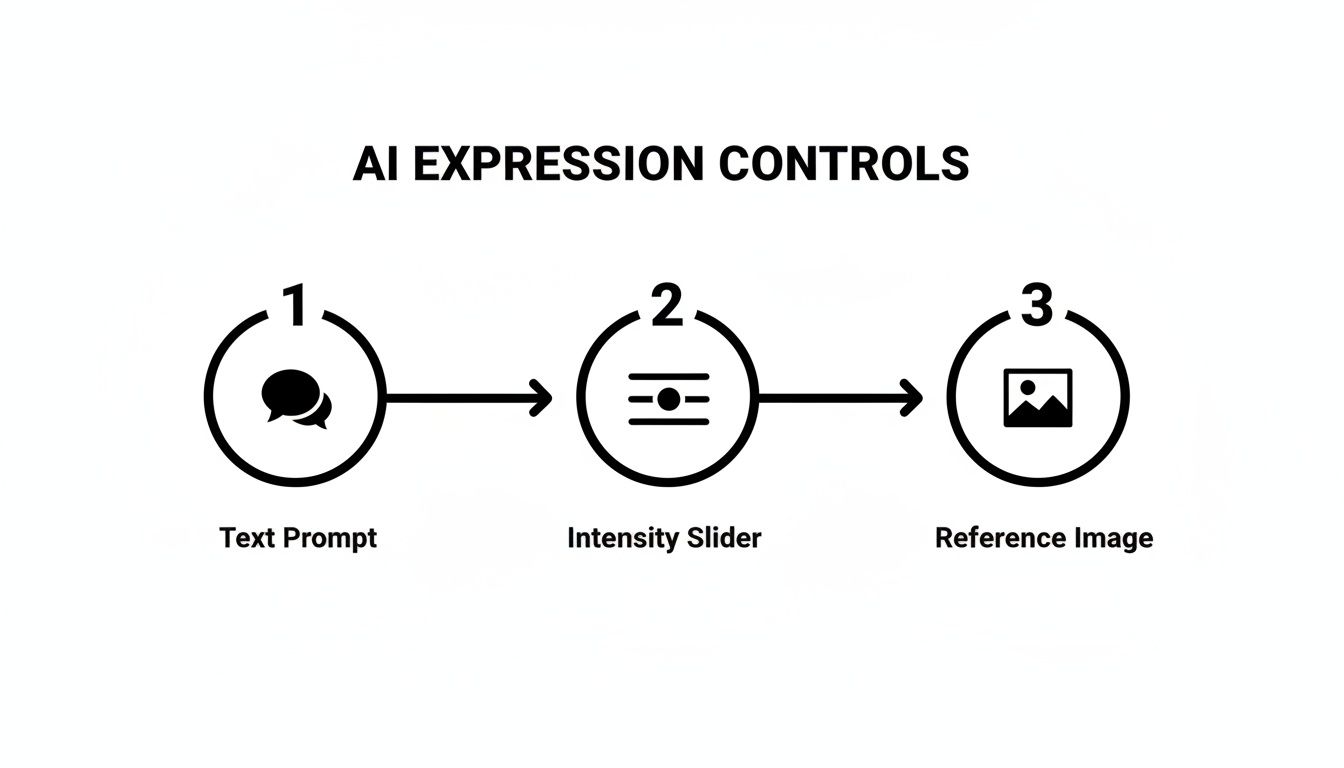 Diagram showing AI expression controls: Text Prompt, Intensity Slider, and Reference Image as a three-step process.