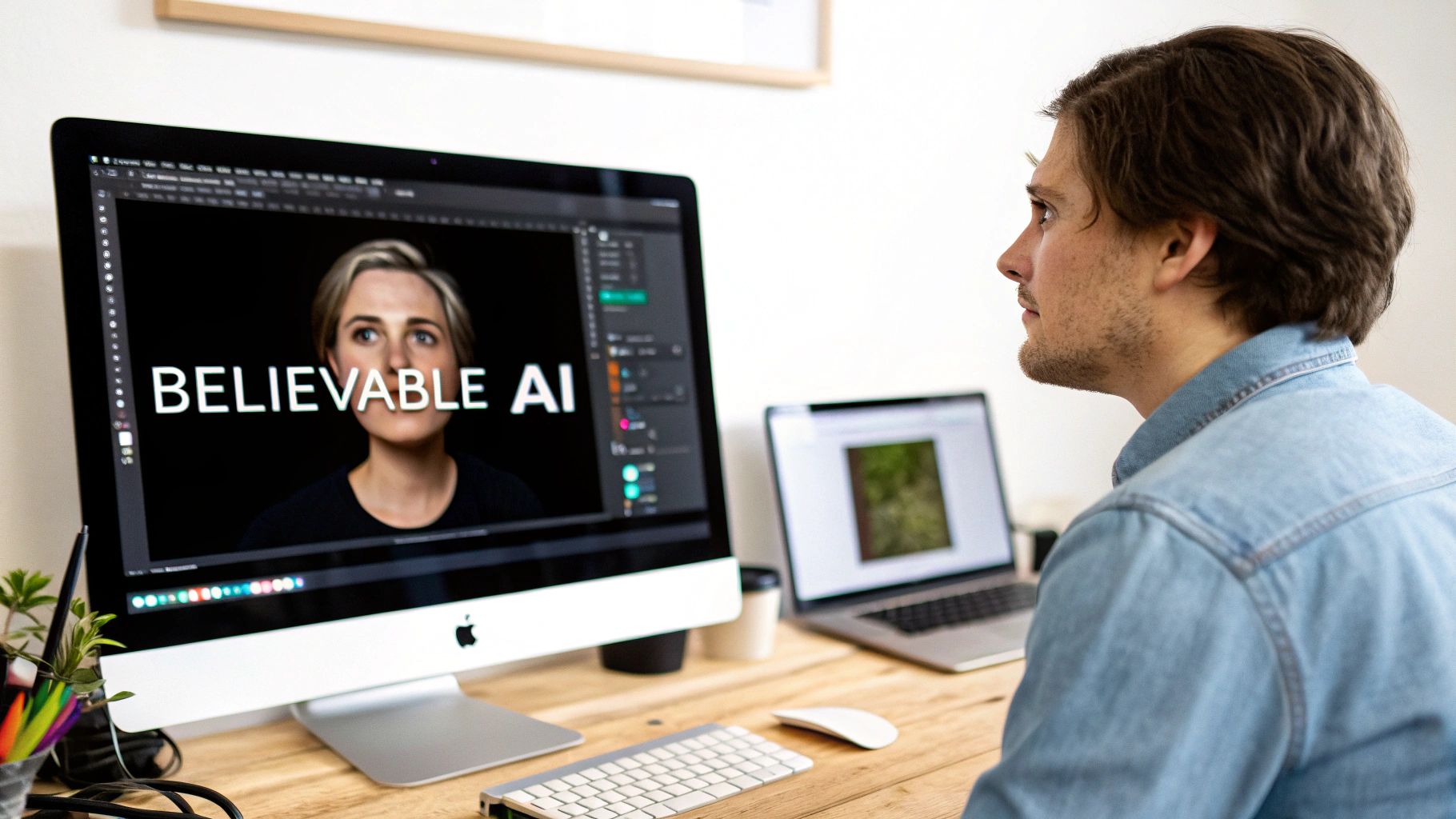 A man looks at a computer monitor displaying a woman's face and 'BELIEVABLE AI' text.