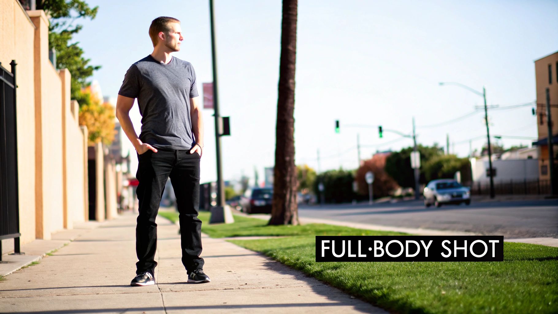A man in a grey t-shirt and black pants stands on a sidewalk, looking right.