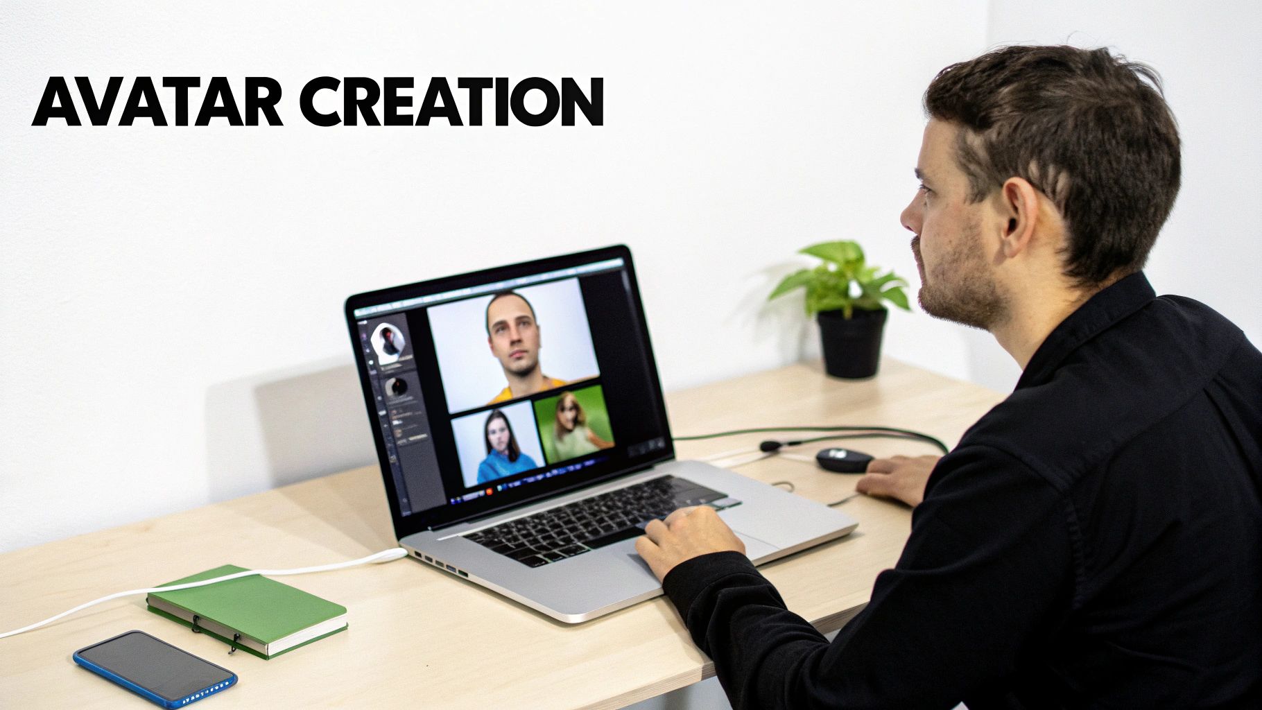 Man at desk using laptop for avatar creation, displaying multiple faces on screen.