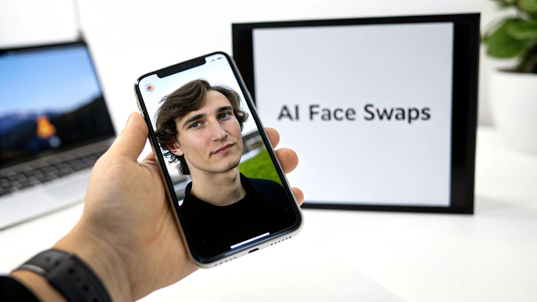 A hand holds a smartphone displaying a man's face, with 'AI Face Swaps' text on a screen.