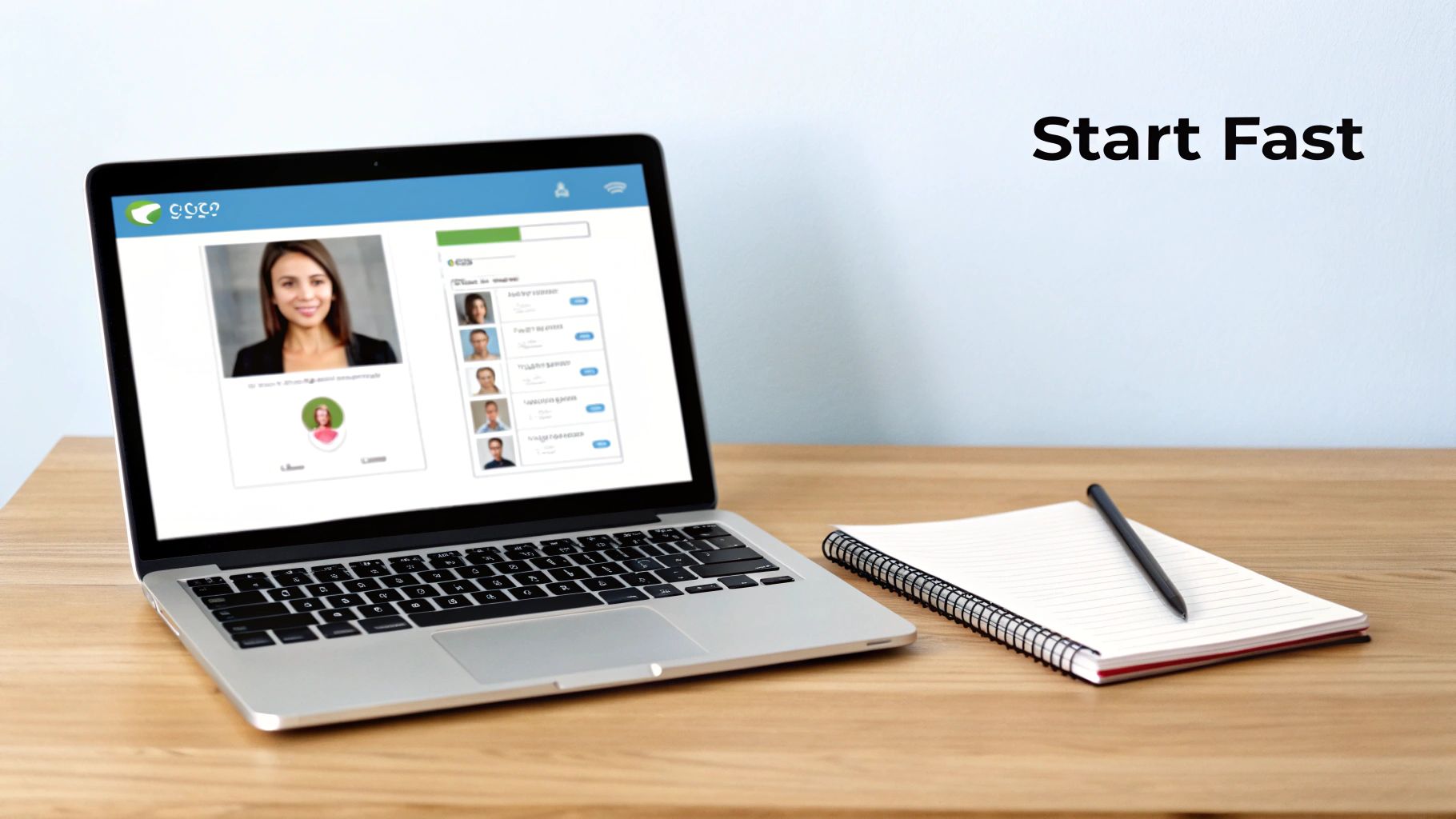 A laptop on a wooden desk displays an avatar creation application with a woman's profile, next to a notebook.