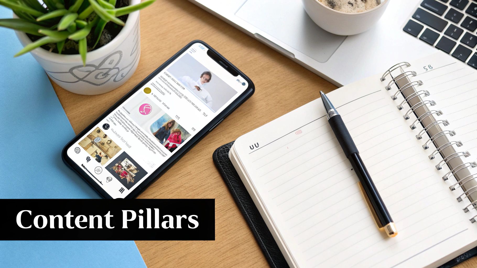 A content creator planning their Instagram feed on a tablet, with a calendar and sticky notes in the background.