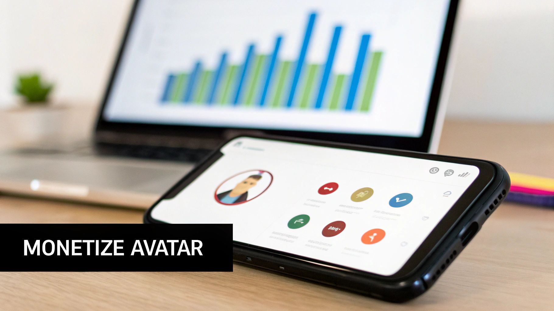 A smartphone displaying an avatar and icons on a desk, with a laptop showing a bar chart in the background, symbolizing digital monetization.