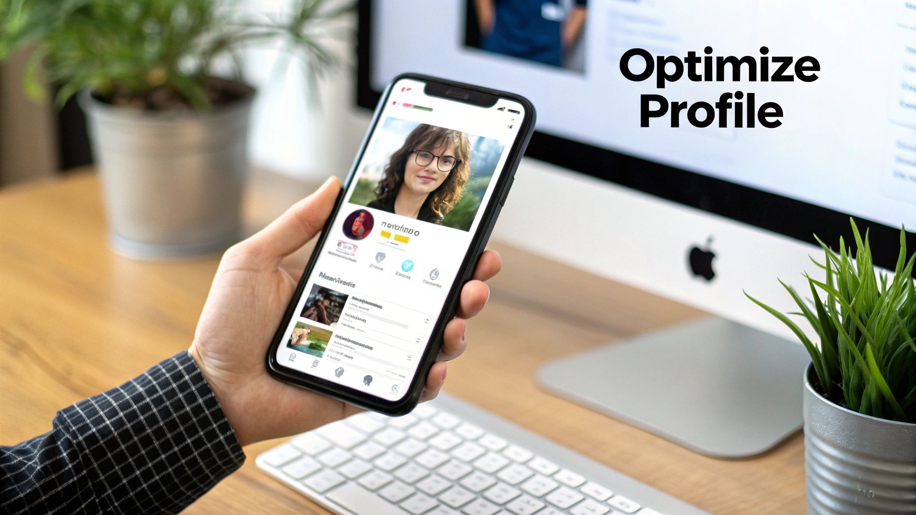 A hand holds a smartphone displaying a user profile next to an iMac screen showing 'Optimize Profile'.