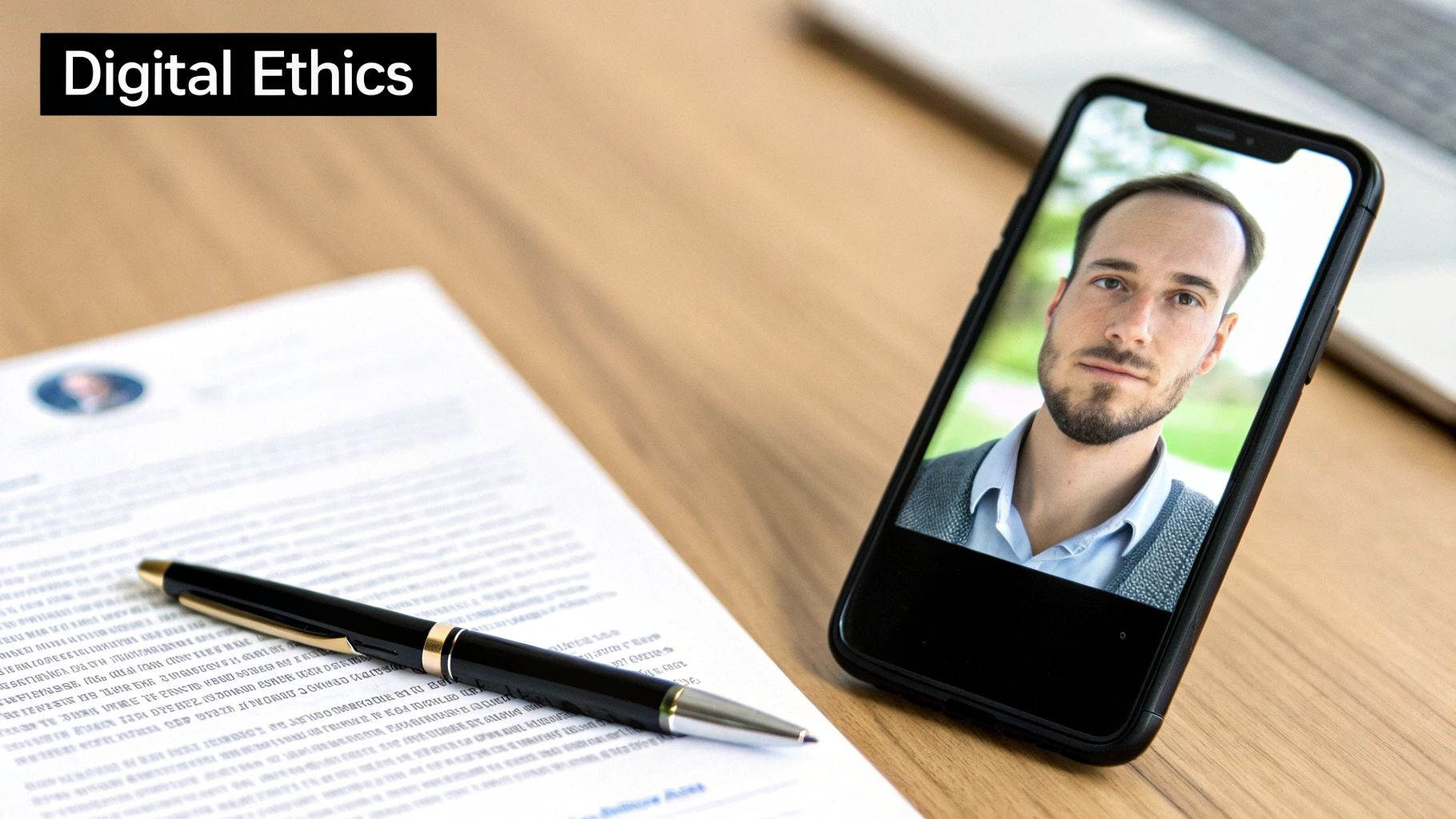 A smartphone displaying a man's profile photo next to a resume and pen, labeled 'Digital Ethics'.