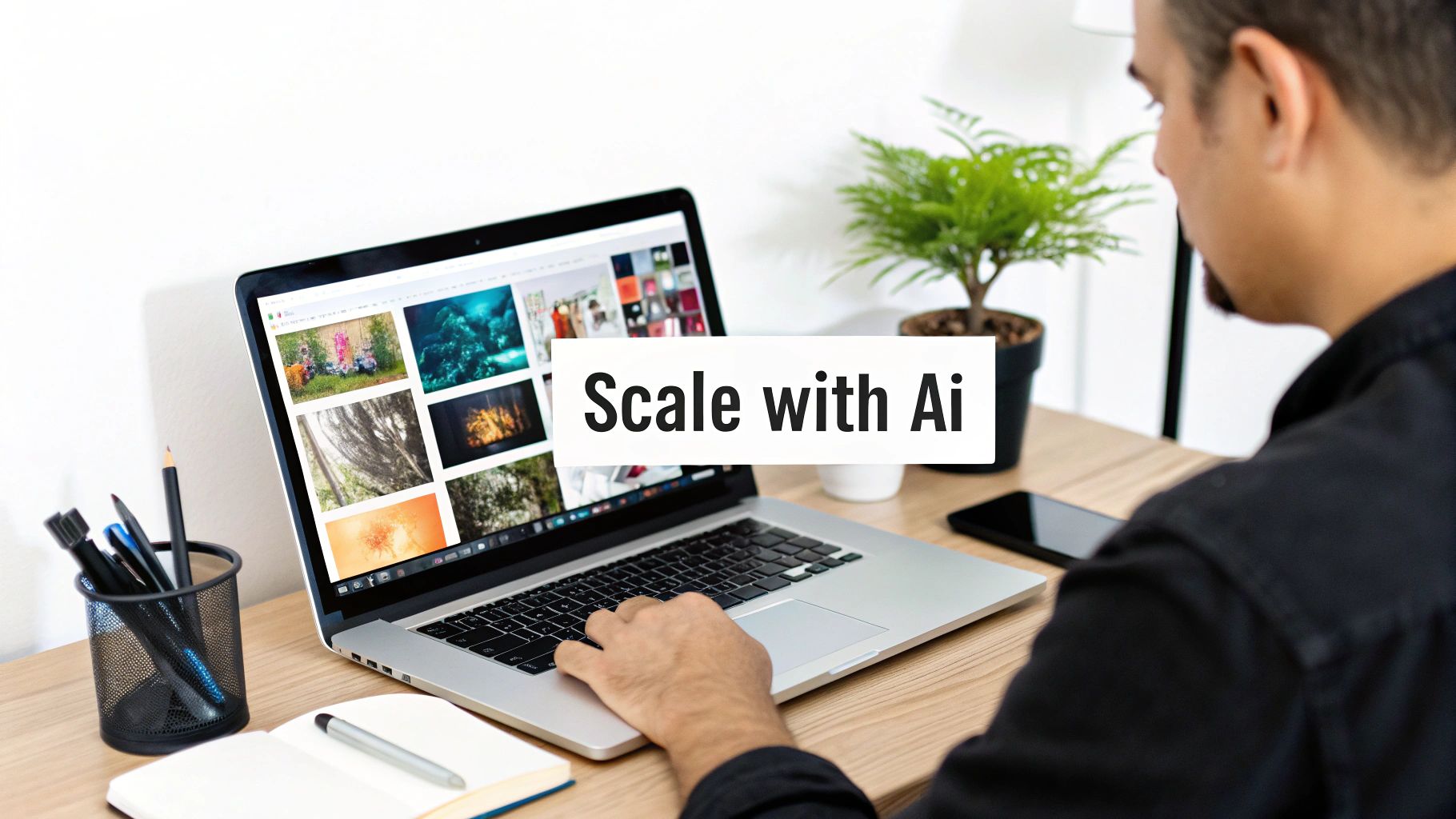 Man using a laptop displaying image gallery, with 'Scale with Ai' overlay, on a wooden desk.