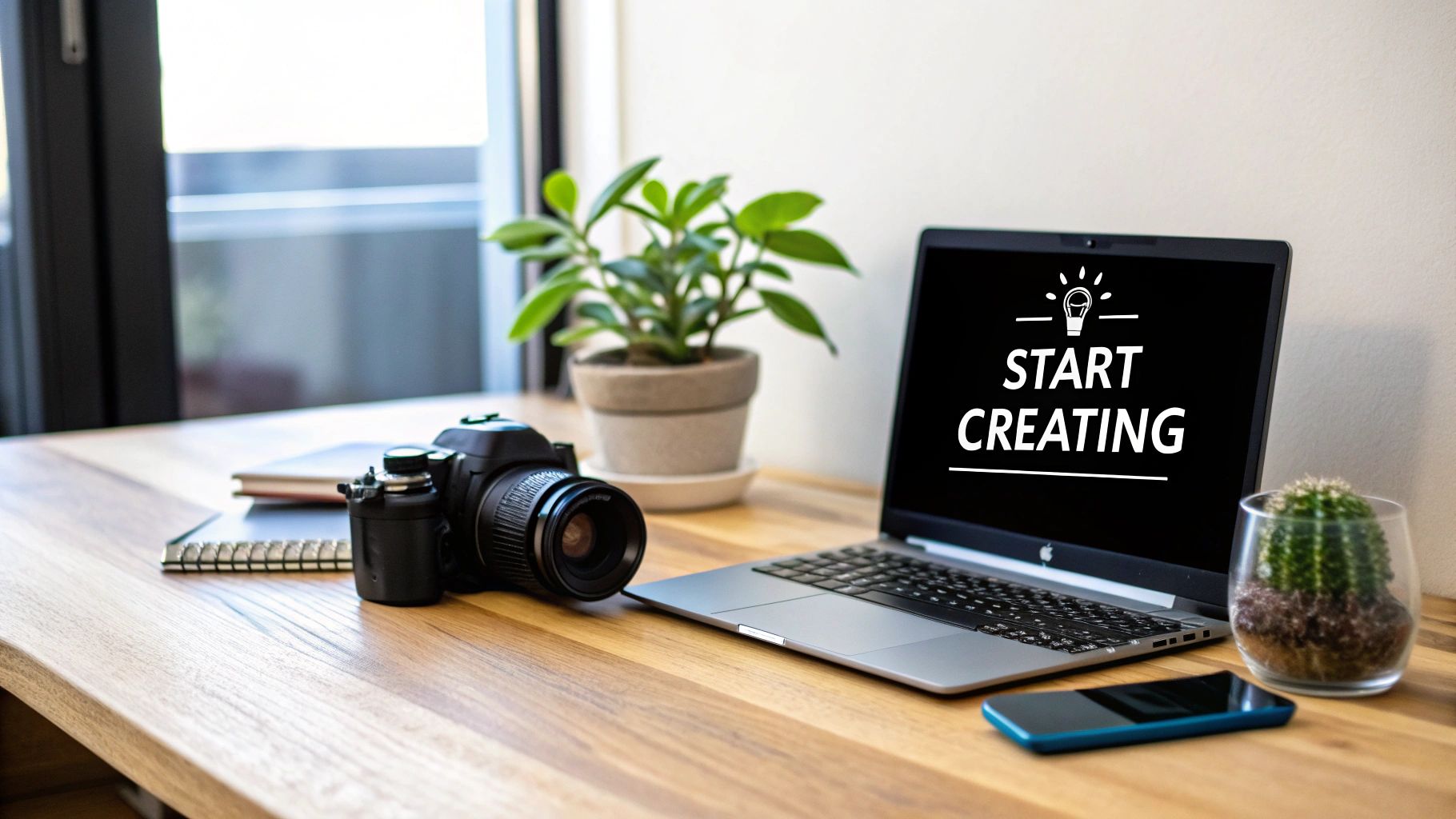 A diverse group of content creators collaborating and sharing ideas in a modern, bright workspace.