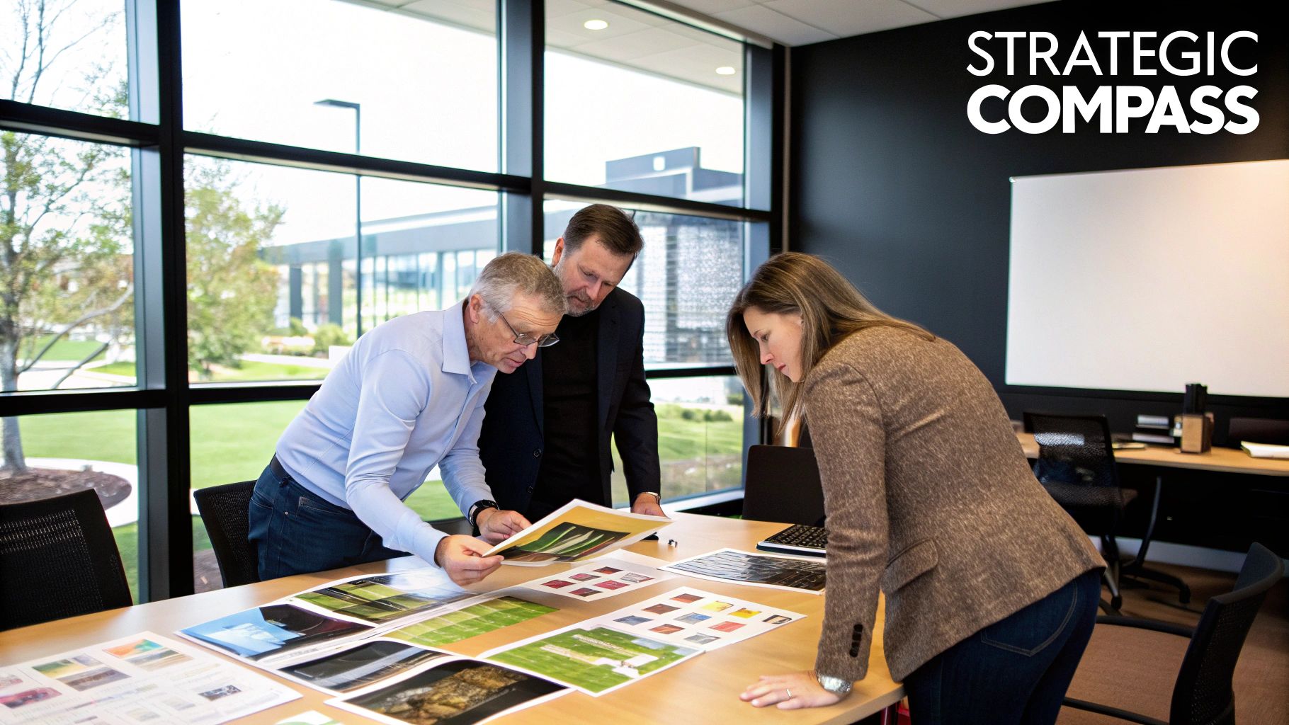 A designer looking at a mood board with color swatches and logo variations, representing the creation of a brand guide.