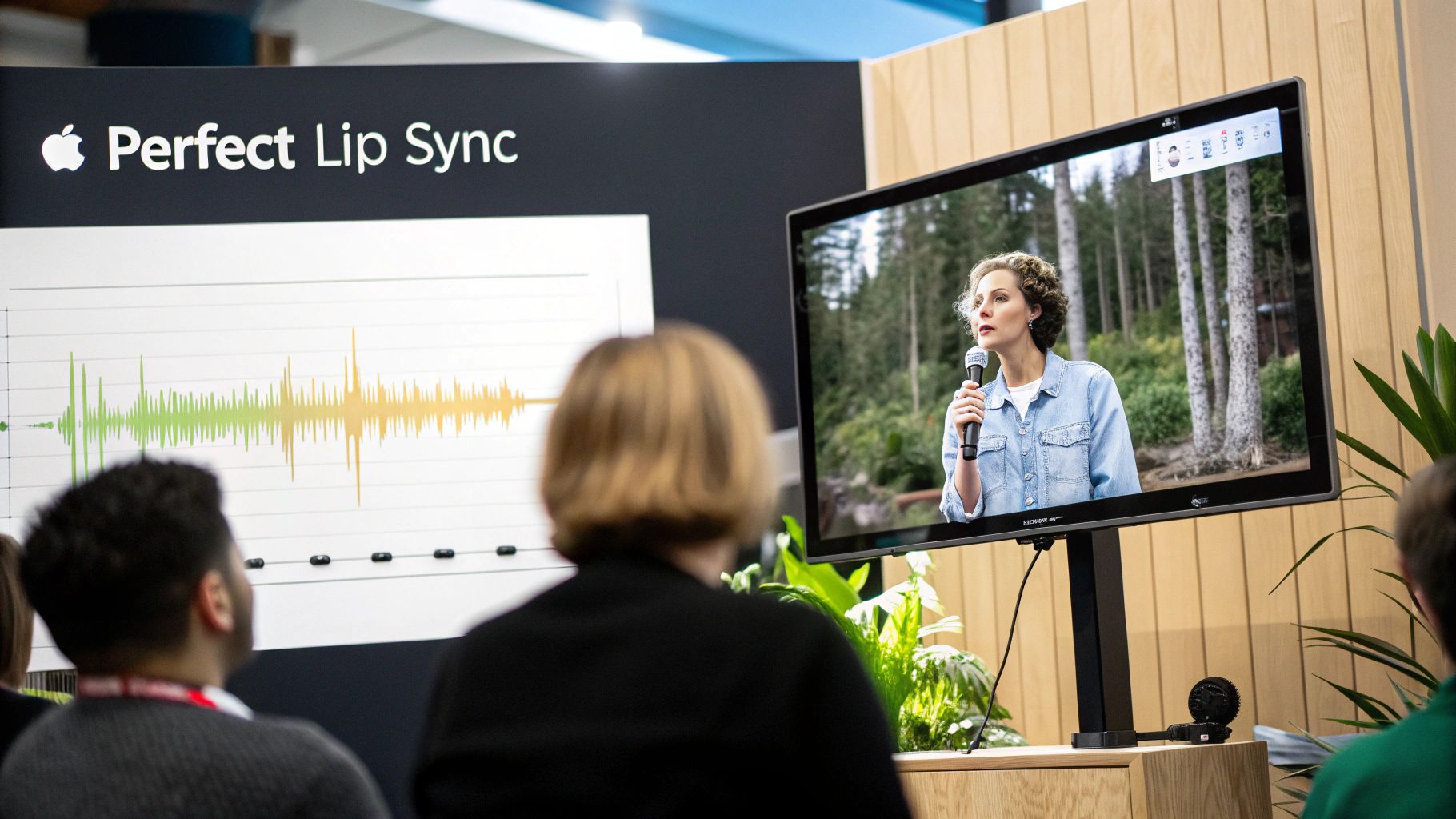 Audience views an Apple Perfect Lip Sync demonstration with a vocal waveform and a speaker on screen.