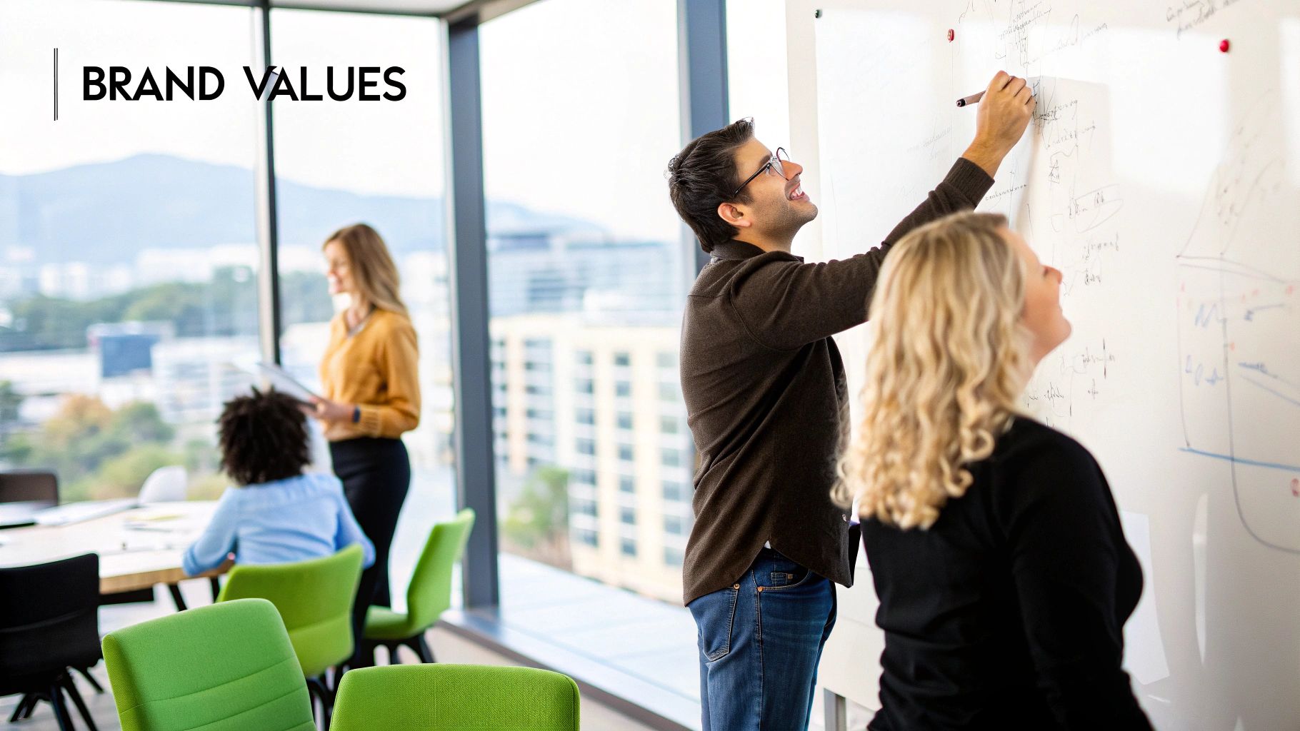 A team collaborating around a whiteboard, mapping out brand strategy with sticky notes and diagrams.