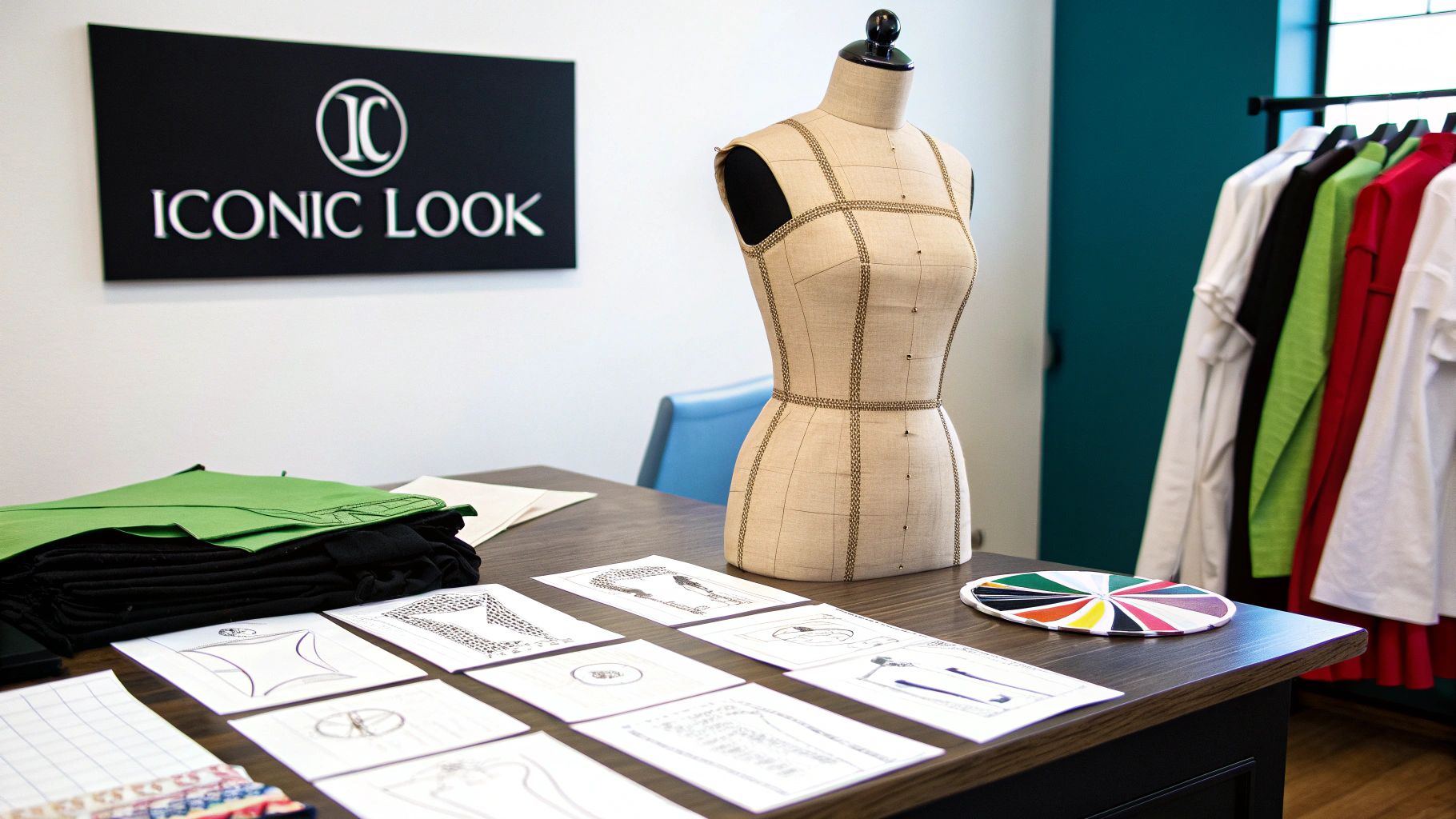 A fashion design studio with a dress form, sketches, fabrics, and a clothes rack.
