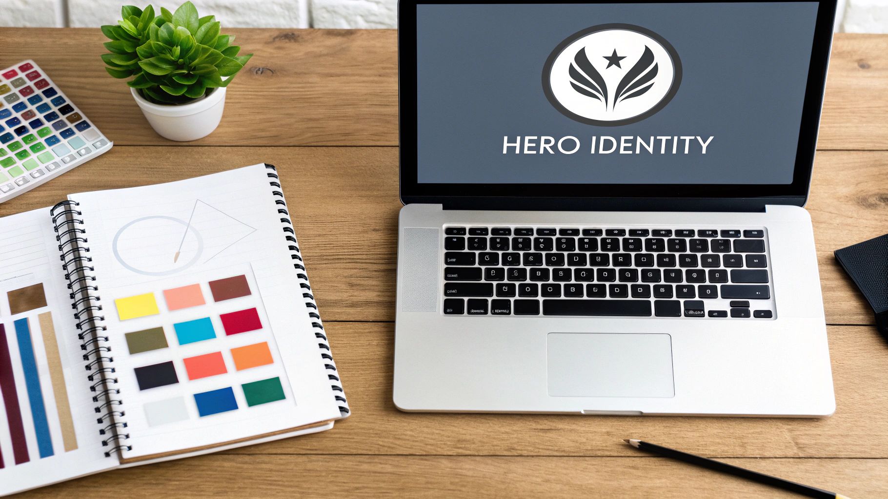 A top-down view of a designer's desk with a laptop displaying a 'Hero Identity' logo, a notebook, and color swatches.