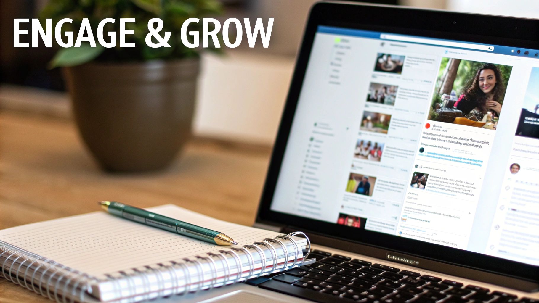 Two people engaging with a smartphone, showing likes and comments floating around them, symbolizing community building.