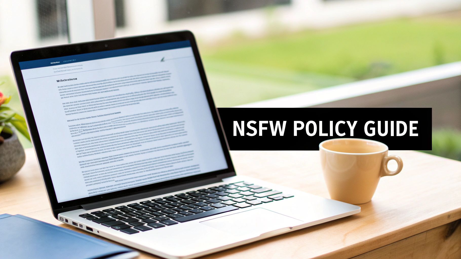 Laptop displaying NSFW policy guide document with coffee cup on desk workspace