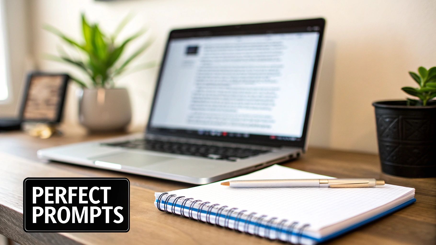 A clean desk workspace featuring a laptop, open notebook, pen, and two potted plants, ready for work.