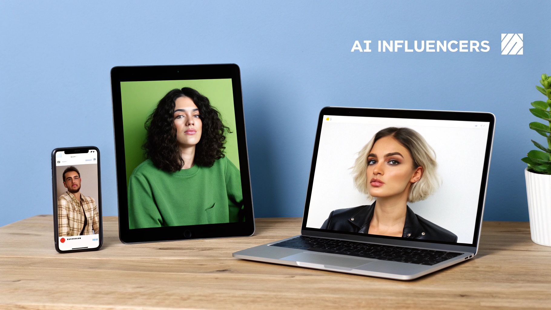 Three screens display different AI-generated influencers on a wooden desk, emphasizing digital models.