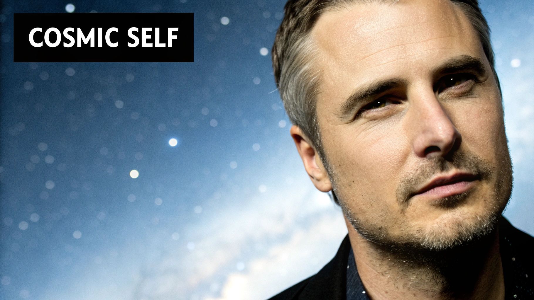 A man with a beard and grey hair looking left, with a starry blue background and 'COSMIC SELF' text.