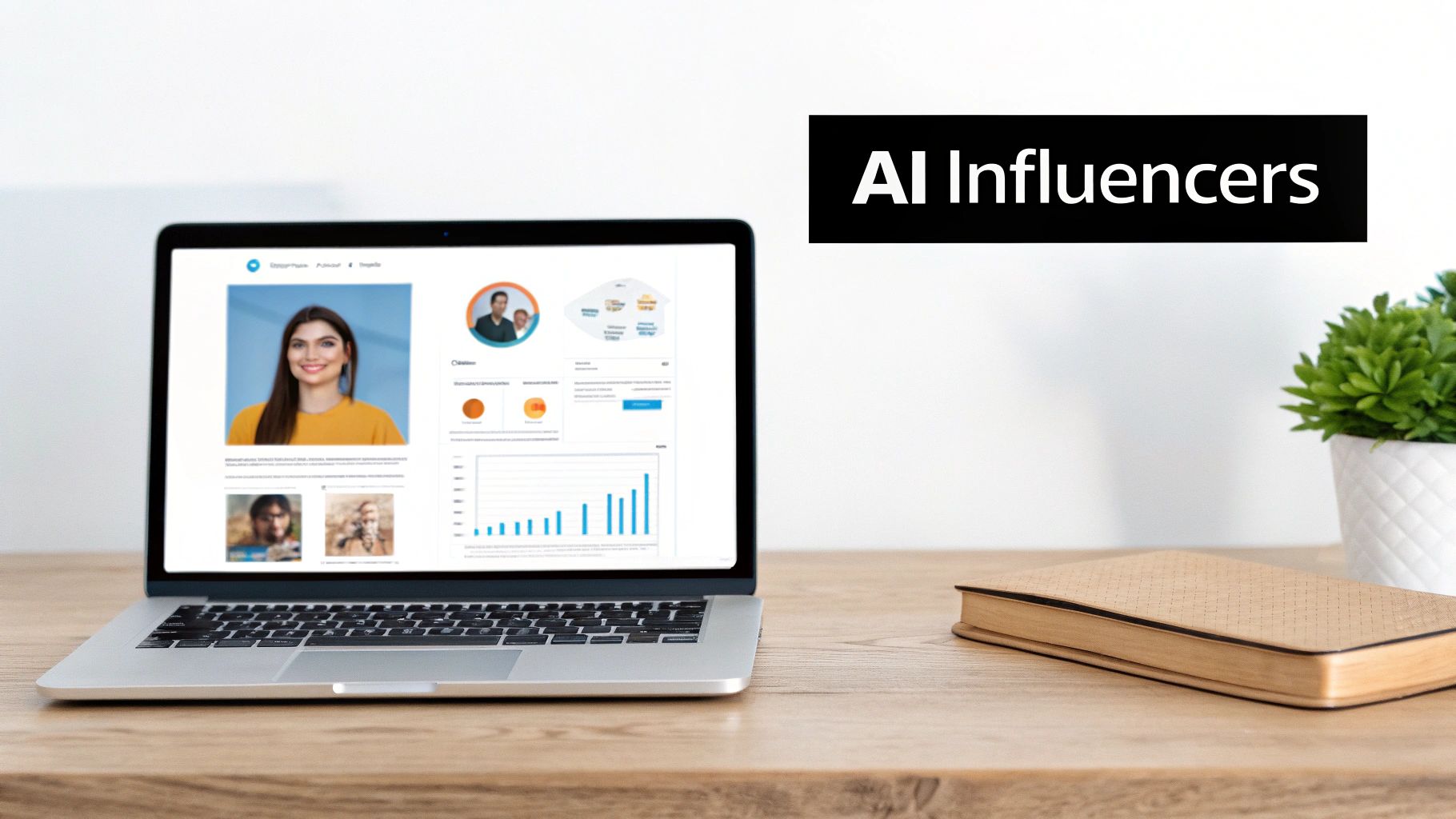 A modern workspace with a laptop showcasing AI influencer data, alongside a book and a plant.