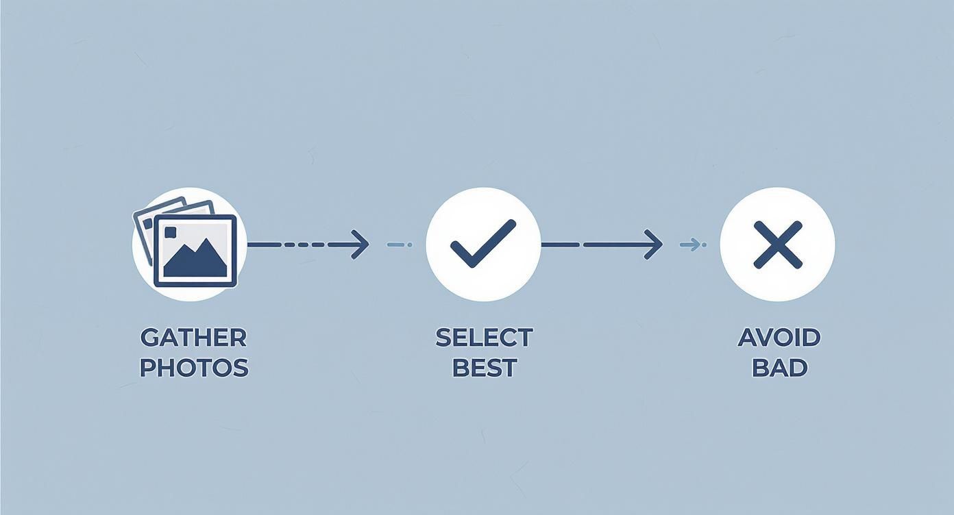 Infographic detailing the process of selecting source photos for an AI generator, with icons for gathering, selecting, and avoiding bad photos.
