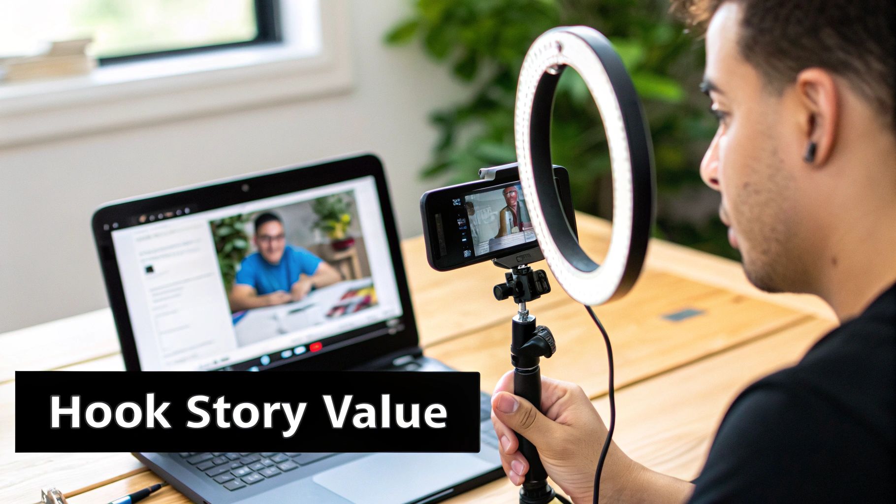 Young man filming video with smartphone and ring light, showcasing online content creation.