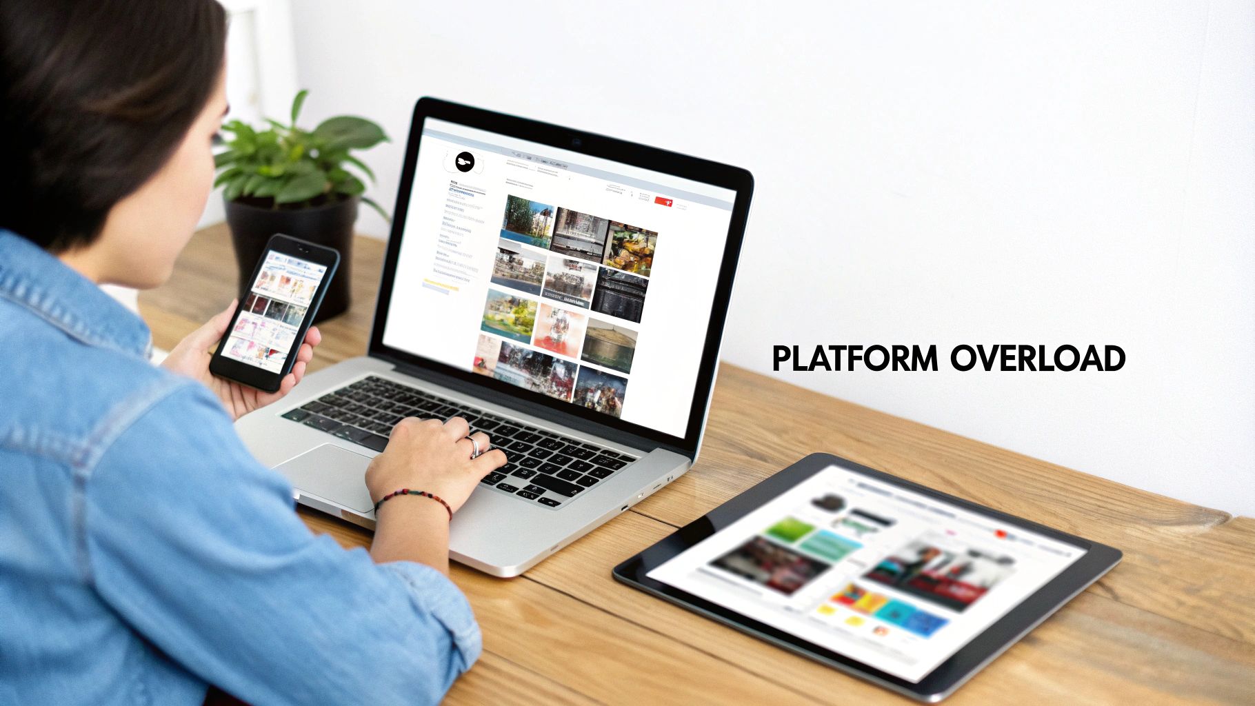 A person managing multiple social media accounts on various devices, illustrating complexity and the need for a unified strategy.